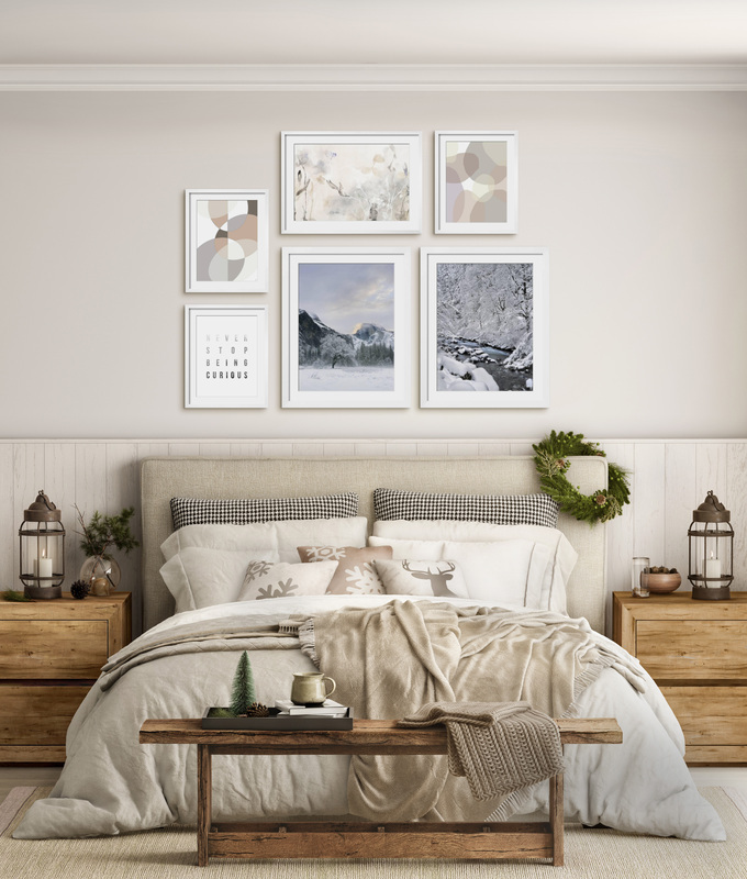The Winter Whites Gallery - Create a calm oasis in your bedroom with images that inspire serenity. Mix scenes of winter with neutral abstracts to soothe your senses.,Large Gallery Wall (80" X 61" Finished Size)