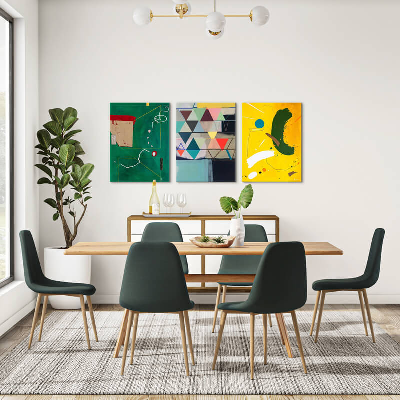 The Grand Abstract Gallery - If gallery walls could talk, this one would be guaranteed to make a statement. We love the bold color and playful geometry of this trio!,Small Gallery Wall (54" X 24" Finished Size)