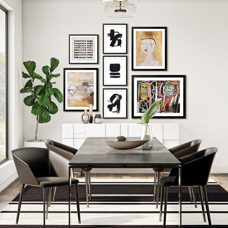 The Eclectic Minimalist's Gallery - Bold yet neutral, this collection of abstract art features a mix of geometric shapes and portraits. A perfect compromise for the eclectic minimalist!,Oversized Gallery Wall (88" X 60" Finished Size)