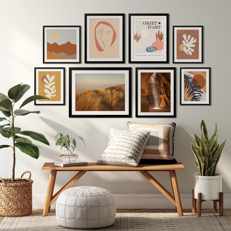 The Boho Spice Gallery - For an easy room pick-me-up, mix and match art in natural, earthy tones. Mix with small pops of spicy colors to make your walls really sing.,Oversized Gallery Wall (112" X 72" Finished Size)