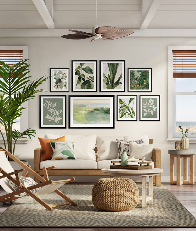 The Serene Greens Gallery - Crown your sofa with this collection of refreshing botanicals. The mix of realist and abstract prints makes for a lush, visual playground!,Oversized Gallery Wall (112" X 72" Finished Size)