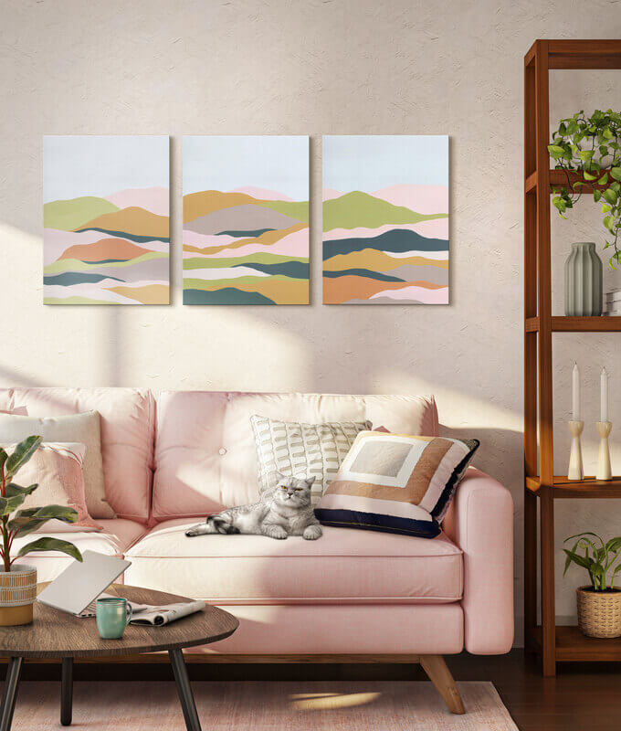 The Abstract Landscape Gallery - Fluffy clouds? Rolling hills? You decide what this triptych of colorful shapes looks like to you. It’s an easy gallery wall that looks great in any space.,Small Gallery Wall (54" X 24" Finished Size)