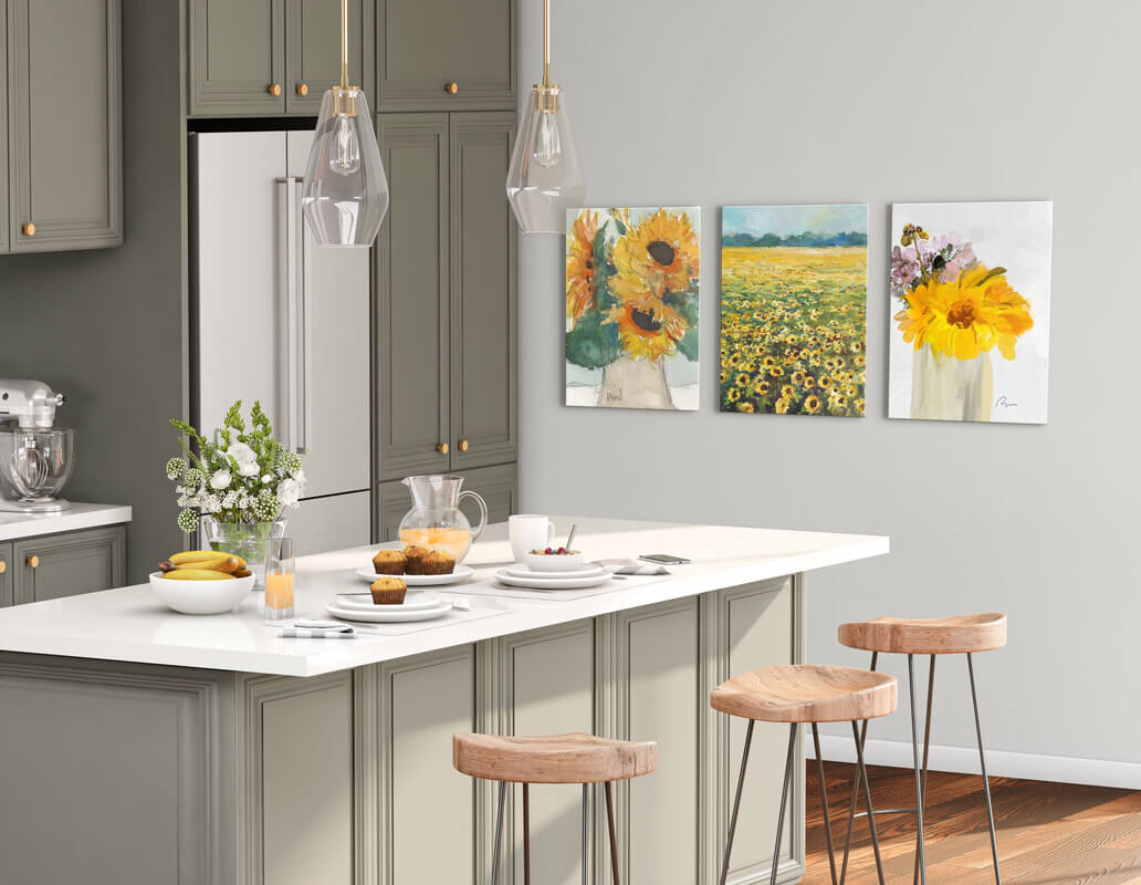 The Sunflower Gallery - Want to make a sunny splash on your walls? Look no further than this gallery of cheery, whimsical sunflower paintings.,Small Gallery Wall (54" X 24" Finished Size)