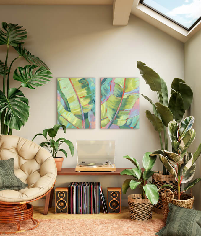 The Preppy Palms Gallery - A little bit tropical, a little bit preppy. This pastel-hued diptych of palm leaf paintings is sure to add flair to any space.,Small Gallery Wall (36" X 24" Finished Size)