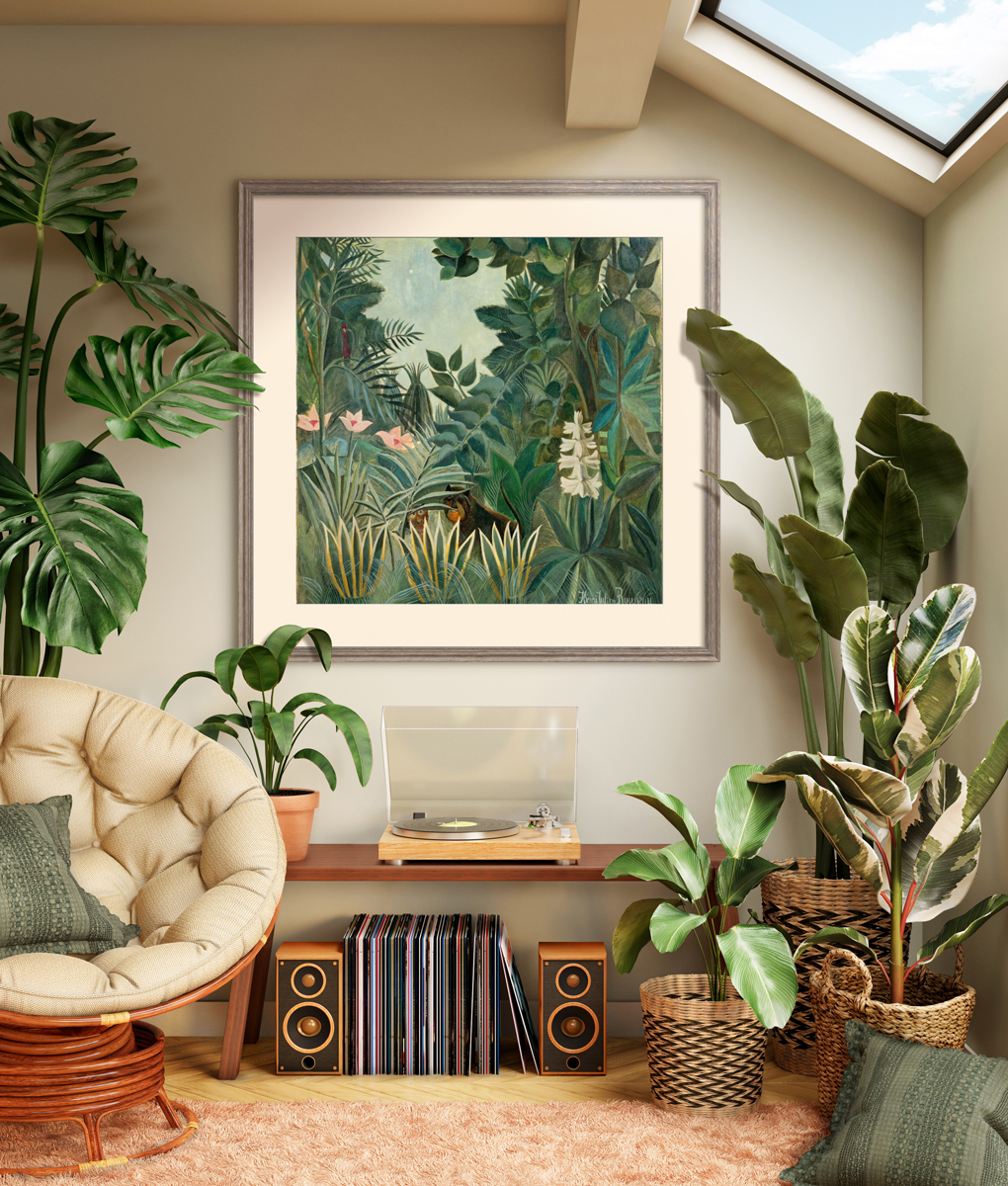 image of a rec rom with a record player, papasan chair, and large art hung on the wall