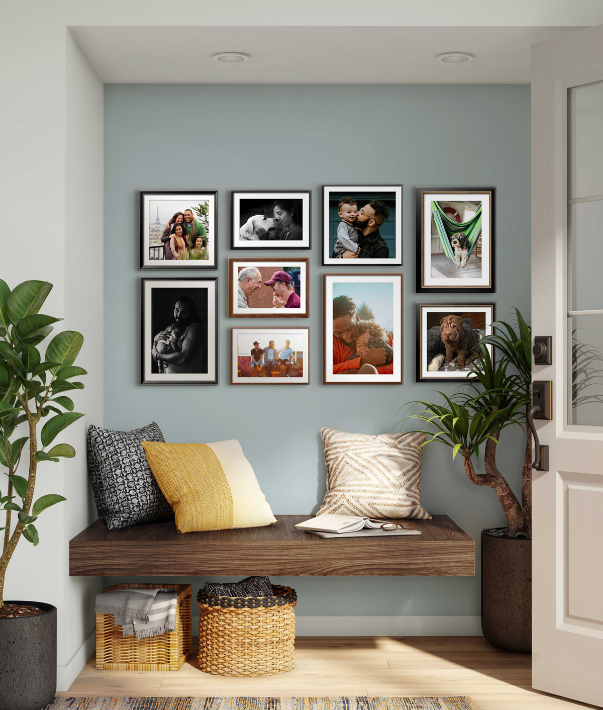 bench with a grid of family photos hung above