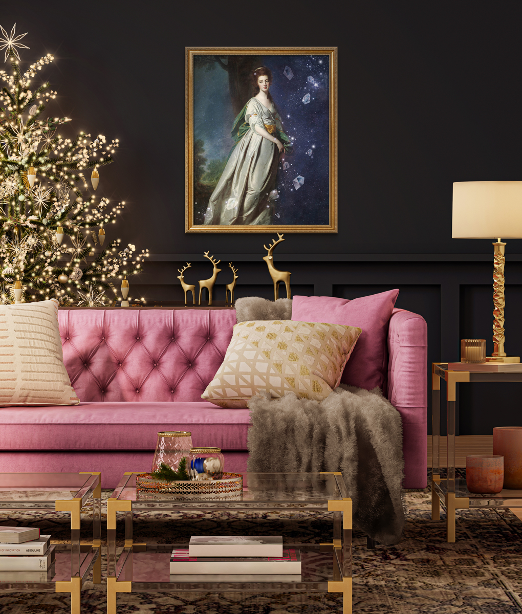 Glam living room with a pink sofa and gold accents