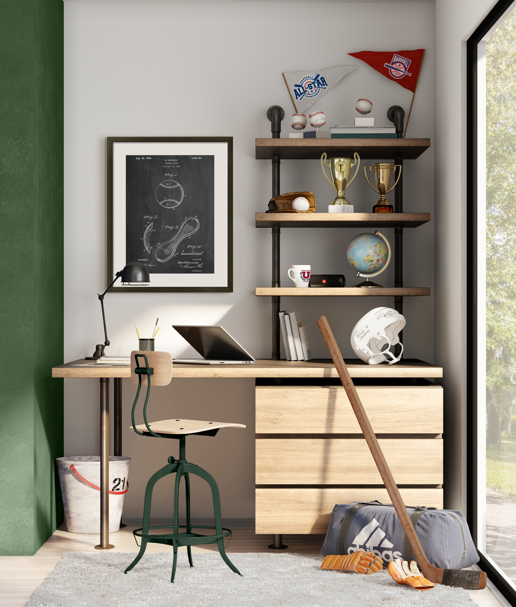 Image of a home office decorated with sports themed decor and art