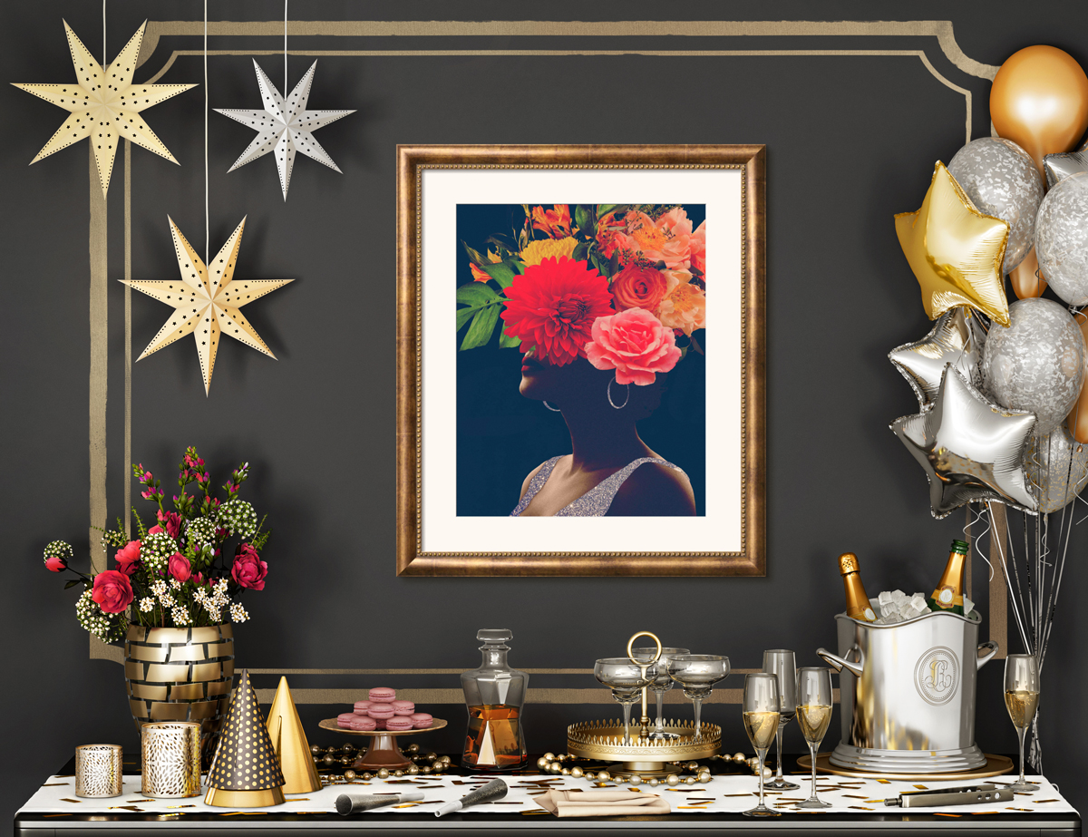 Image of a New Year's Eve part spread with balloons, champagne, and bold art