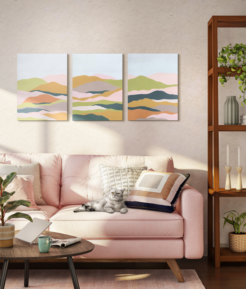 Mid-century modern dining room with blue and orange color scheme