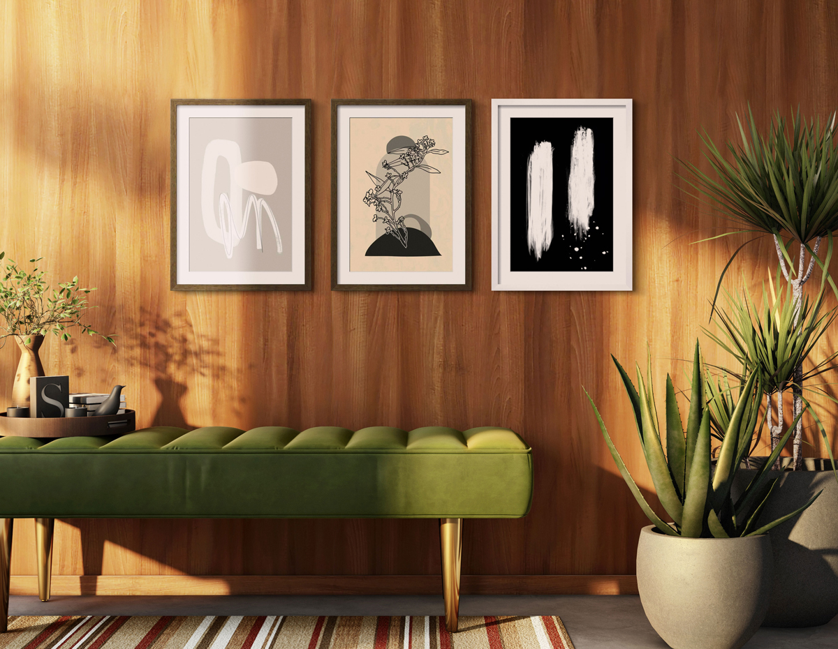 image of an entryway with a green, mid-century modern bench and neutral minimal wall art above