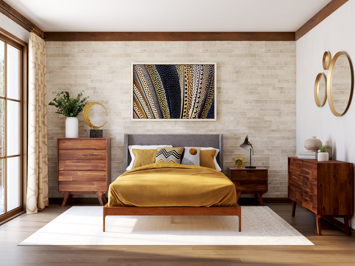 Contemporary bedroom with bold art hung above the bed