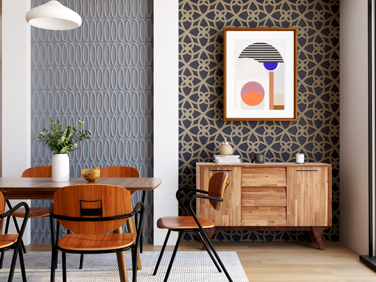 Mid-century modern dining room with a credenza in a nook with fun art