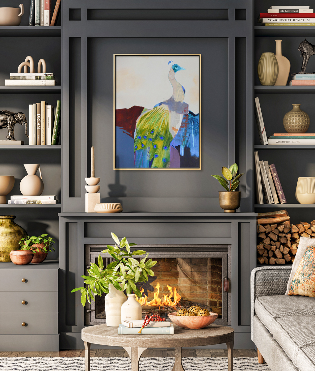 Living room with black walls and a peacock painting hung over the fireplace