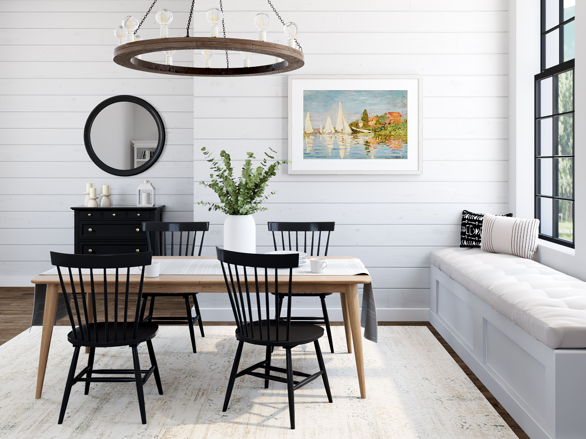Modern farmhouse dining room with sailboat wall art