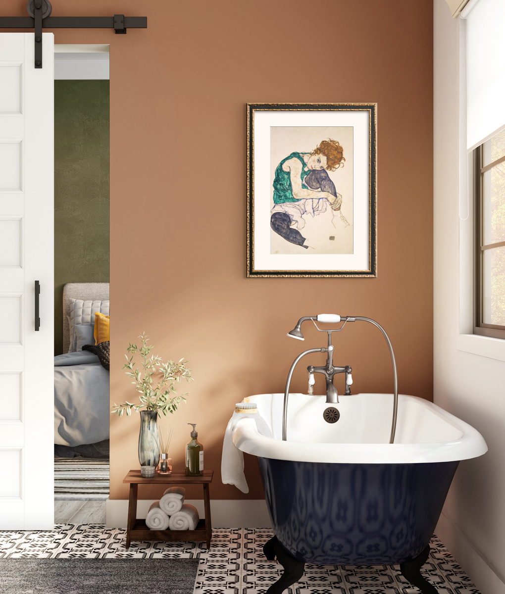 Bathroom with a painting hung above the tub
