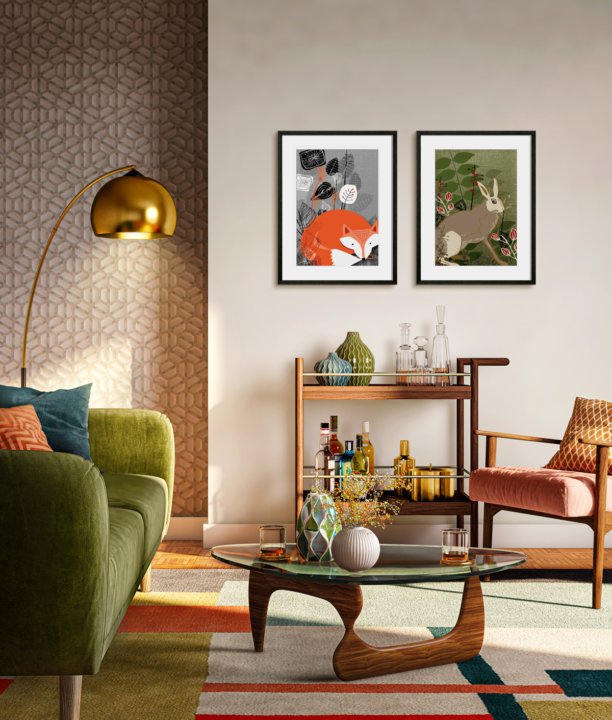 Mid-century living room with animal art hung above a bar cart